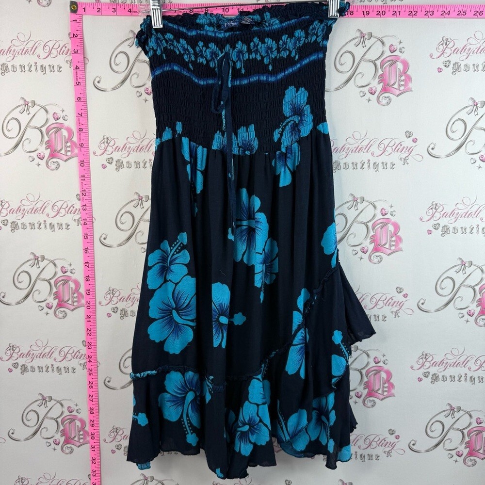 Y2k mini dress Hawaii Smocked Strapless Mini Dress in Black with Teal Floral